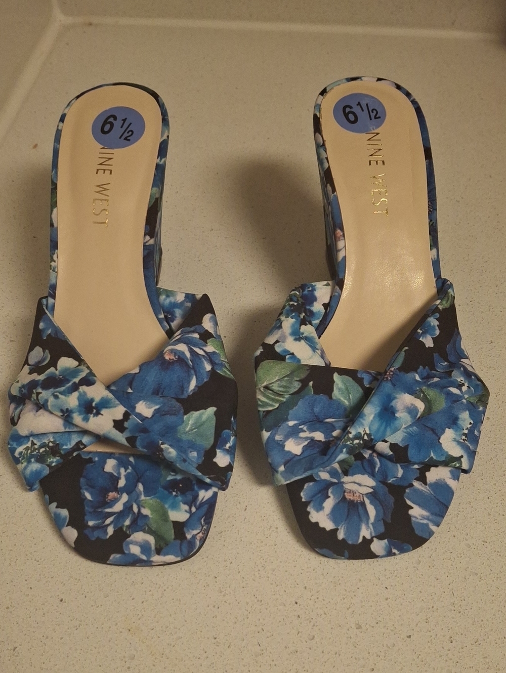 Nine West Blue Floral Twist Slide Mules